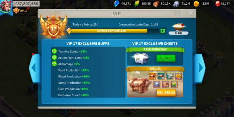 VIP 17. 3.5 Million VIP points. 87 Million power. 500 USD + our Fee