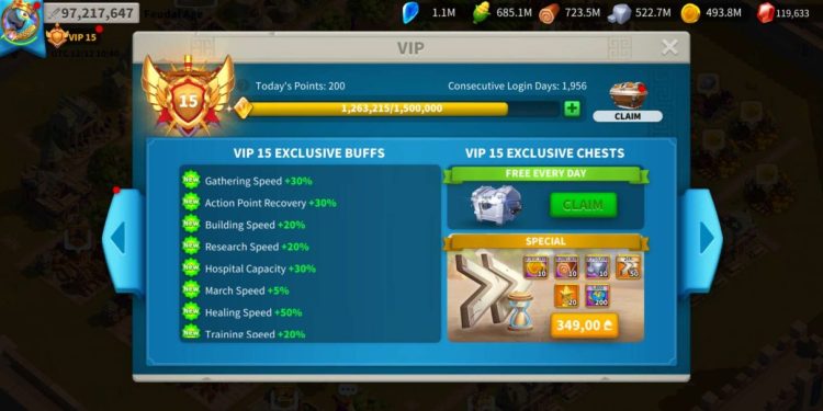 97 Million power. VIP 15. 119k gems. 250 USD + our Fee