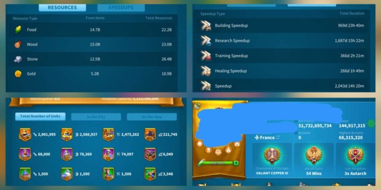 Rise of Kingdoms. 144 Million power. 51 Billion kills and 156 Million dead troops. 12 800 USD + our Fee