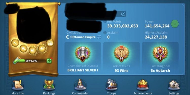 Rise of Kingdoms. 141 Million power. SVIP. 39 Billion kills and 55 million dead troops. 3800 usd + fee