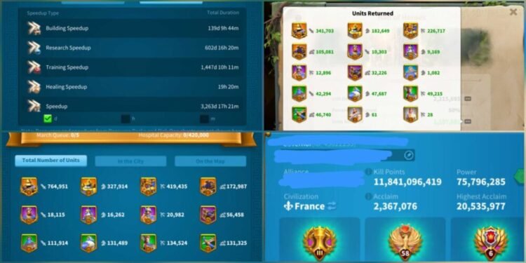 Rise of Kingdoms. 75 Million power + returning troops. VIP 19. 1000 USD + our Fee