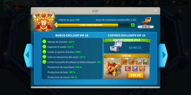 Rise of Kingdoms. 99 Million power, 9,8 Billion kills. VIP 18. 800 usd + fee