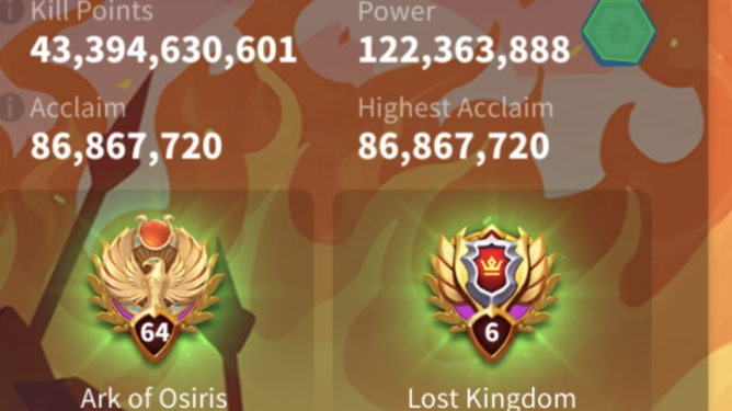 Rise of Kingdoms. Power: 122m , Kill: 43B. 10000 usd +fee