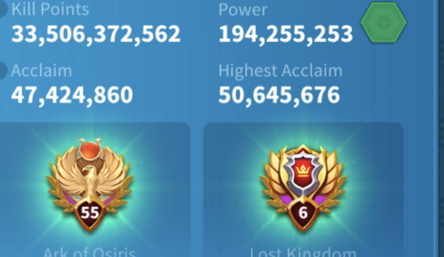 Rise of Kingdoms. 230 Million power, 33.5 Billion kills, 63 Million dead troops, 505M autarch, 9 digit account (1650 days). 12000 usd + fee