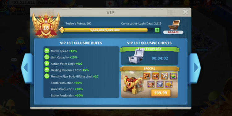 Rise of Kingdoms. 92 Million power, 21 billion kills. VIP 18. Close to 19. 800 usd + fee